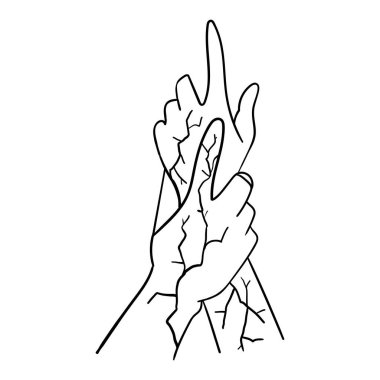 Diğer el ele tutuşur, beyaz arkaplanda siyah renkli çizim, tasarım ve dekorasyon için stok vektör çizimi, baskı, kalıp, çatlak, kintsugi