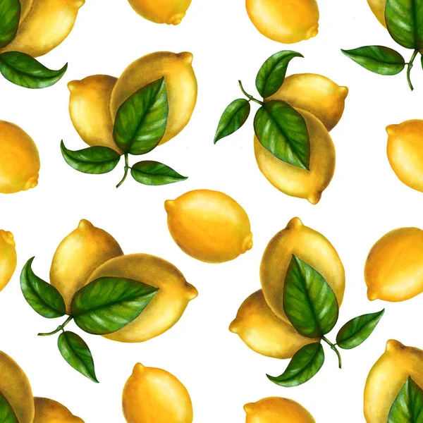 Padrão Com Limões Folhas Verdes Ilustração Estoque Fundo Branco Estilo — Fotografia de Stock