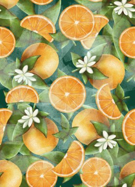 Dikey desenli turunçgil, yeşil yapraklı ve çiçekli, mavi arka planda, tasarım ve dekor için stok çizimi, baskı, şablon, pankart