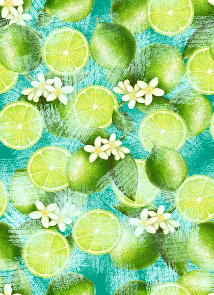 Padrão Vertical Com Meio Limão Flores Folhas Verdes Fundo Azul — Fotografia de Stock