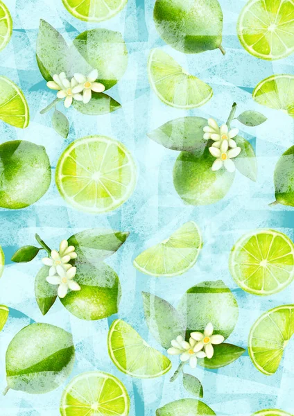 Padrão Vertical Com Metade Limão Flores Folha Verde Fundo Azul — Fotografia de Stock
