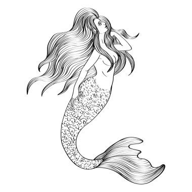 Mermaid floating outline illustration black isolated on white background, stock vector image, for design and decor. Sticker, banner graphic, nautical theme, tattoo.