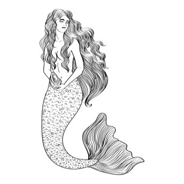 Mermaid with seashell outline illustration black isolated on white background, stock vector image, for design and decor. Sticker, banner graphic, nautical theme, tattoo.