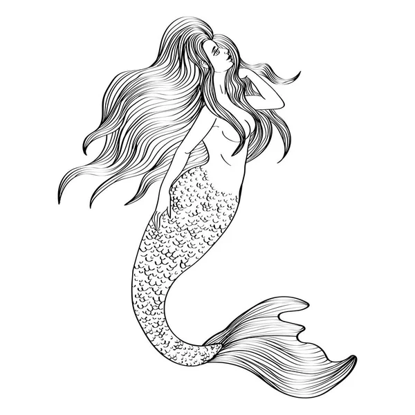 Mermaid Floating Outline Illustration Black Isolated White Background Stock Vector — Stok Vektör