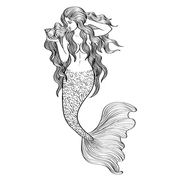 Mermaid Seashell Outline Illustration Black Isolated White Background Stock Vector — Vector de stock