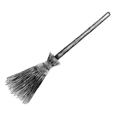 Cadının süpürge çizimi beyaz arkaplanda izole edilmiş siyah çizim, tasarım ve dekor için vektör illüstrasyonu, grafikler, vintage