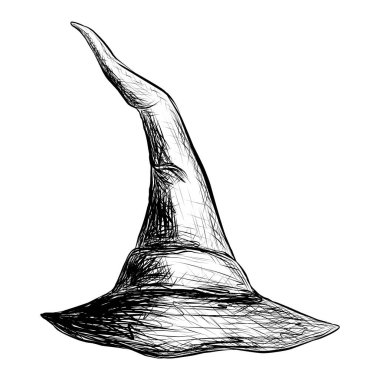 Cadı şapkası, beyaz arkaplanda izole edilmiş siyah taslak, tasarım ve dekor için vektör illüstrasyonu, klasik, grafik