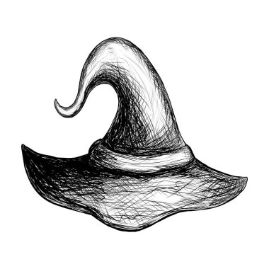 Cadı şapkası, beyaz arkaplanda izole edilmiş siyah taslak, tasarım ve dekor için vektör illüstrasyonu, klasik, grafik