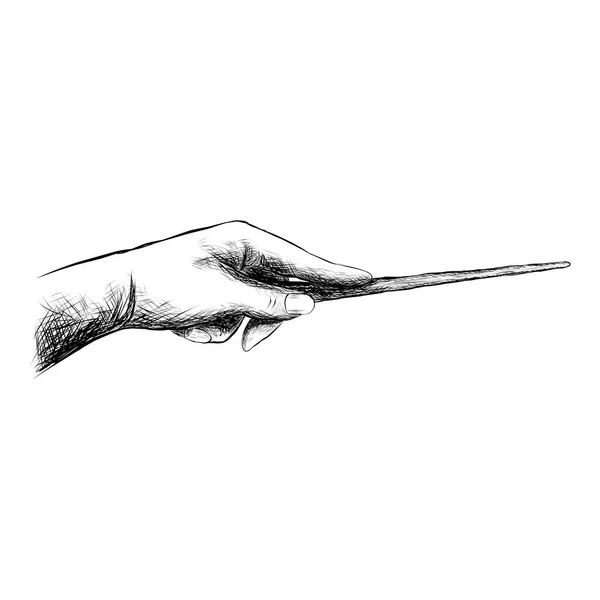 Рука Тримає Чарівну Паличку Чорний Контур Ілюстрації Ізольовані Білому Тлі — стоковий вектор