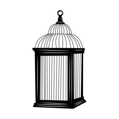 Kuş kafesi, beyaz arka planda siyah izole edilmiş, tasarım ve dekorasyon için vektör çizimi, Cadılar Bayramı