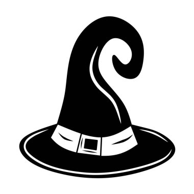 Siyah cadı şapkası, beyaz arkaplanda izole edilmiş çizgi film, tasarım ve dekorasyon için vektör çizimi, Cadılar Bayramı, çıkartma, şablon