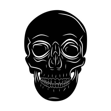 Kafatası siyahı, beyaz arkaplanda izole edilmiş çizgi film, tasarım ve dekorasyon için vektör çizimi, Cadılar Bayramı, çıkartma, şablon