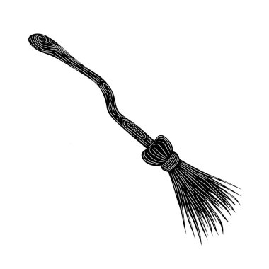 Cadının siyah süpürgesi, beyaz arkaplanda karikatür tasarım ve dekor için vektör çizimi, Cadılar Bayramı, çıkartma, şablon