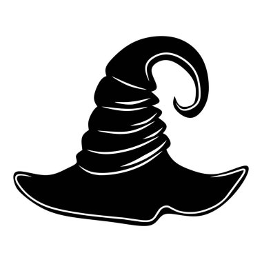 Siyah cadı şapkası, beyaz arkaplanda izole edilmiş çizgi film, tasarım ve dekorasyon için vektör çizimi, Cadılar Bayramı, çıkartma, şablon