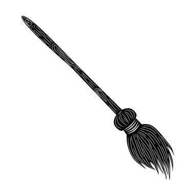 Cadının siyah süpürgesi, beyaz arkaplanda karikatür tasarım ve dekor için vektör çizimi, Cadılar Bayramı, çıkartma, şablon