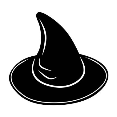 Siyah cadı şapkası, beyaz arkaplanda izole edilmiş çizgi film, tasarım ve dekorasyon için vektör çizimi, Cadılar Bayramı, çıkartma, şablon