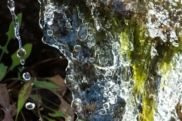 Abstrato Natureza Esguichando Água Fluindo Para Baixo Envolvendo Vegetação Verde — Fotografia de Stock