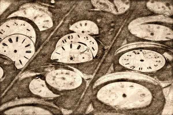 時計修理店のスケッチ 壊れた 廃棄された時計のコレクションへの時間の影響 — ストック写真
