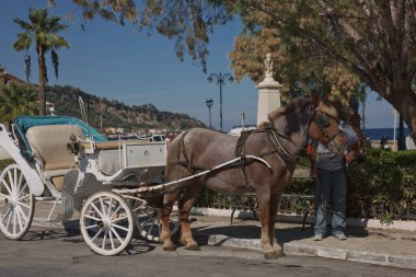 Zakynthos, Yunanistan - 17 Ekim 2017: Yunanistan 'ın Zakynthos adasında turistleri bekleyen geleneksel at arabası.