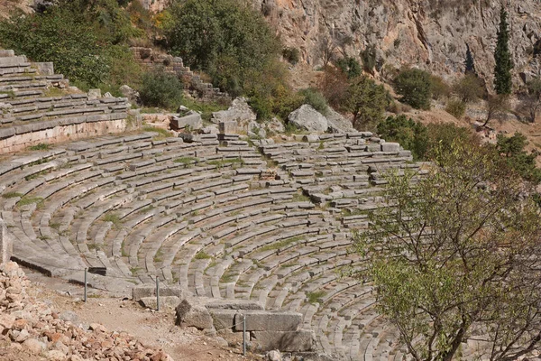 Panoramiczny Widok Starożytny Teatr Delphi Phocis Grecji Teatr Łącznej Pojemności — Zdjęcie stockowe