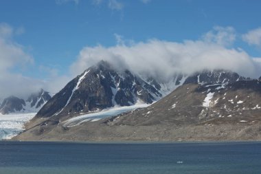 Kuzey Kutbu 'ndaki Svalbard Adaları' ndaki (Spitzbergen) Liefdefjord kıyı şeridi ve dağları.