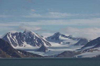 Kuzey Kutbu 'ndaki Svalbard Adaları' ndaki (Spitzbergen) Liefdefjord kıyı şeridi ve dağları.