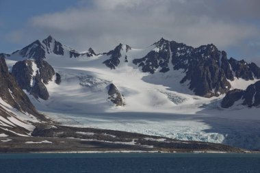 Kuzey Kutbu 'ndaki Svalbard Adaları' ndaki (Spitzbergen) Liefdefjord kıyı şeridi ve dağları.