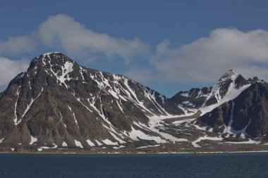 Kuzey Kutbu 'ndaki Svalbard Adaları' ndaki (Spitzbergen) Liefdefjord kıyı şeridi ve dağları.