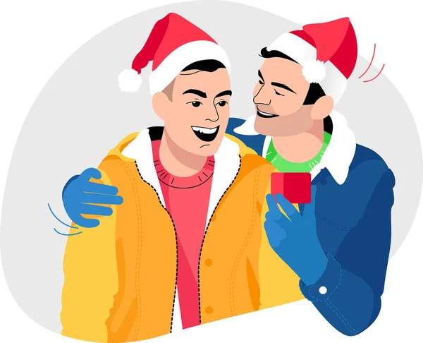 Regalo Con Amore Natale Stesso Sesso Coppia Gay Coppia — Vettoriale Stock
