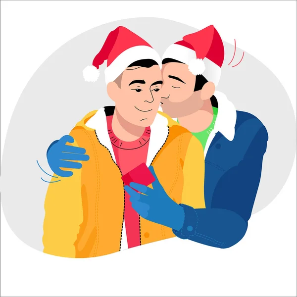 Regalo Beso Con Amor Para Navidad Mismo Sexo Pareja Gay — Archivo Imágenes Vectoriales