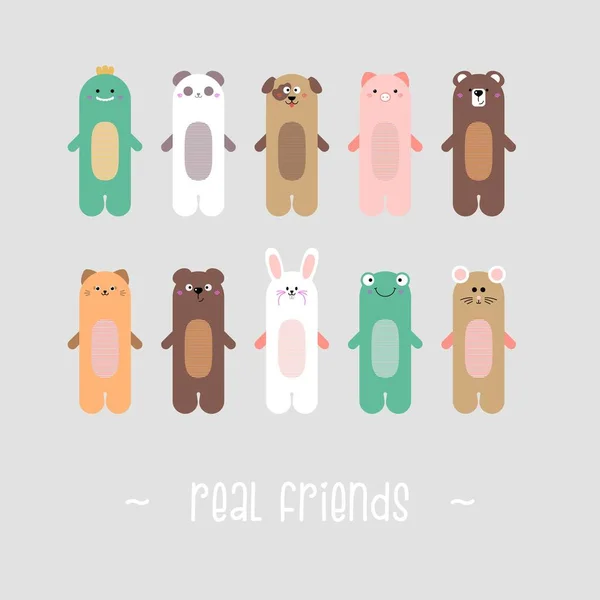 Bir grup bebek hayvan. Gerçek dostlar. Renkli hayvanların vektör koleksiyonu. Ayı, ejderha, panda, domuz, kedi, fare, köpek, tavşan, kurbağa.