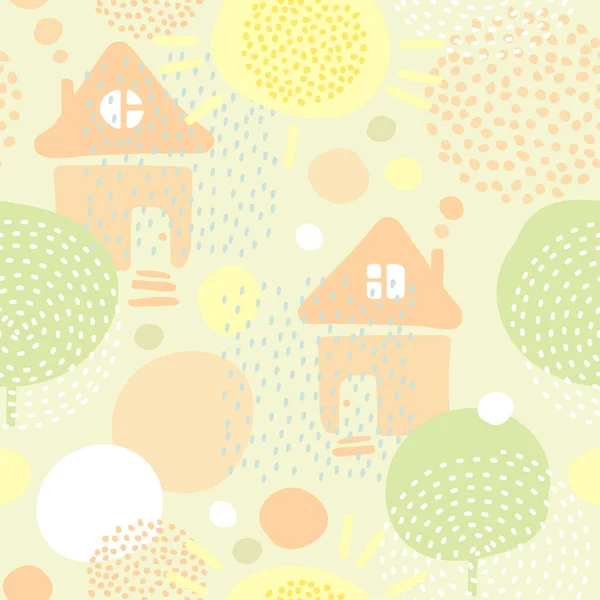 Seamless Children Pattern Sun Trees Rain Village Houses Colored Background — Stock Vector