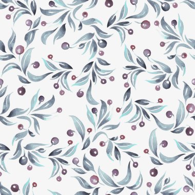 seamless watercolor pattern with berries and leaves, pattern repeating elements with berries