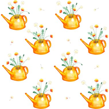 Sarı sulama tenekesi ve karahindiba buketi ile sulu boya deseni, beyaz arka planda tekrar eden bahçe eşyaları ve çiçekler