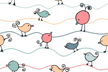 Kuşlar ve beyaz zemin üzerinde dalgalar olan soyut ve pürüzsüz desenler, deniz ya da gökyüzü taklidinin tekrarlanan çok renkli desenleri, sevimli kuş karakterlerinin vektörü.