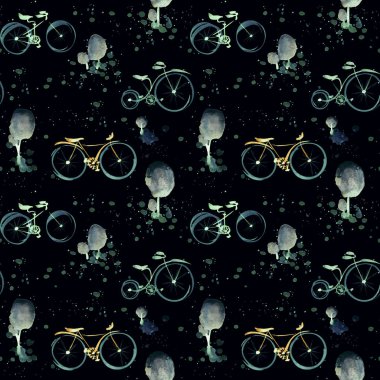 Bisiklet ve ağaçlarla suluboya desen, ormanda kayaların üzerinde bisiklet sürme, siyah arka planda pürüzsüz desen