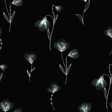 Hassas suluboya desenli çiçek deseni, saplar ve yapraklar kalem çizimi, siyah arkaplanda grafik çizimler