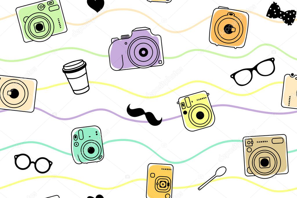 Seamless vector pattern of colored trendy cameras, mustache, coffee cup, plastic spoon, glasses and heart, hipster set isolated on white background