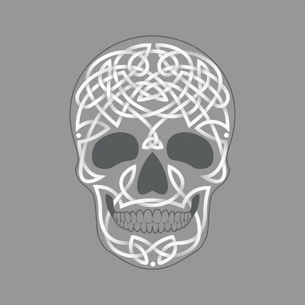 Vector skull celtic white pattern on gray background, decoration for halloween and mexican day of the dead