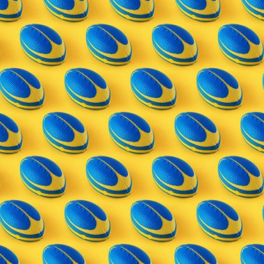 Sarı zemin üzerinde top olan pürüzsüz spor deseni, basım, reklam ve web afişi için parlak zemin üzerinde sarı-mavi toplar