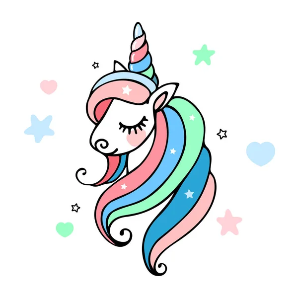 Beautiful Unicorn Head Rainbow Hair Stars Hearts White Background Cute — Stock Vector