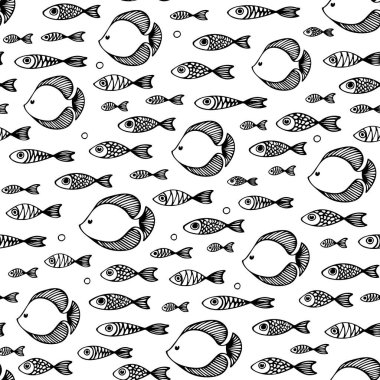 Beyaz arka planda siyah karalama balıklarıyla kusursuz desen. Sualtı siyah beyaz sahne, deniz canlıları baskı ve afiş için arka plan.