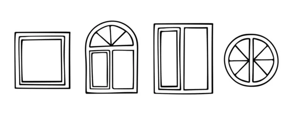 Handgezeichnete Schwarz Weiße Doodle Fenster Einfache Quadratische Und Runde Vektor — Stockvektor
