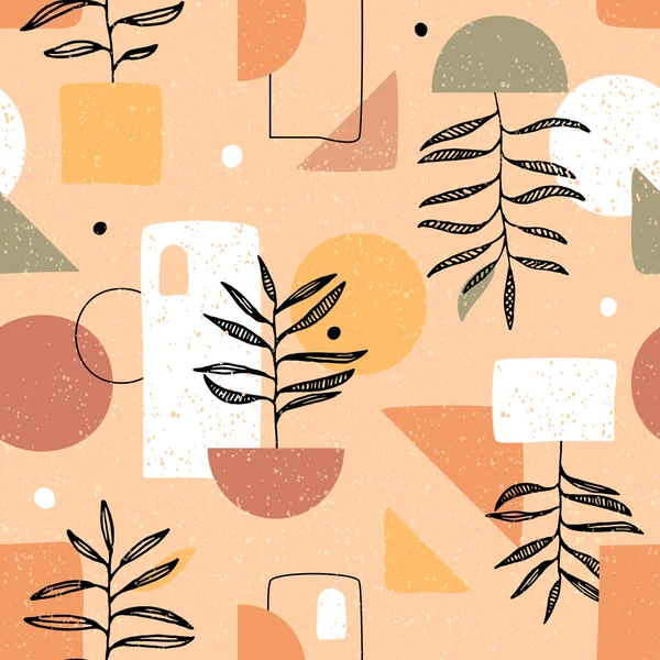 Minimal and natural Botanical vector seamless pattern. Earth tone boho foliage line art drawing with abstract shape. Abstract Plant Art for print, textile, wallpaper