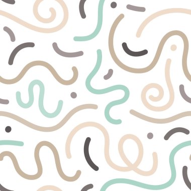 Renkli çizgilerin, dalgaların ve noktaların soyut ve pürüzsüz arkaplanı. Beyaz arkaplanda izole edilmiş basit vektör deseni.