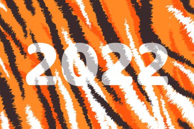 2022 kaplanının yeni yılı kutlu olsun. Poster, kartpostal ve afiş için kaplan derisi arka planda 2022 numara. Turuncu arkaplanda siyah beyaz çizgiler