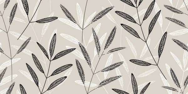 Черно Белые Ветви Листьями Сером Фоне Бесшовный Естественный Векторный Рисунок — стоковый вектор