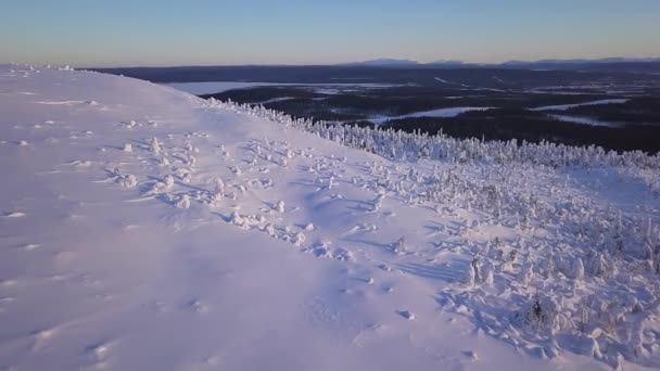 Imagens impressionantes de drones de uma passagem de montanha em uma floresta coberta de neve. O drone voa sobre o passo de montanha cercado por uma floresta depois que a neve fresca cai no inverno profundo — Vídeo de Stock