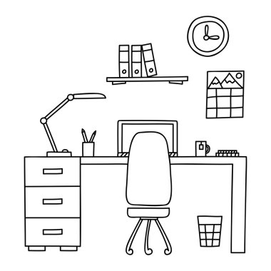 Bir bilgisayar veya işyeri ofis Resepsiyon el ile doodle tarzı çizilmiş. Vektör çizim