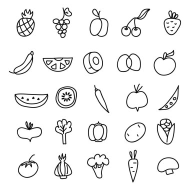 Icons of fruits, vegetables a hand drawn doodle in style. Vector illustration